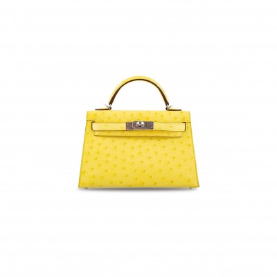 HERMÈS MASTER MINI KELLY II SELLIER JAUNE CITRON OSTRICH PALLADIUM HARDWARE (19*12*5.5cm) 